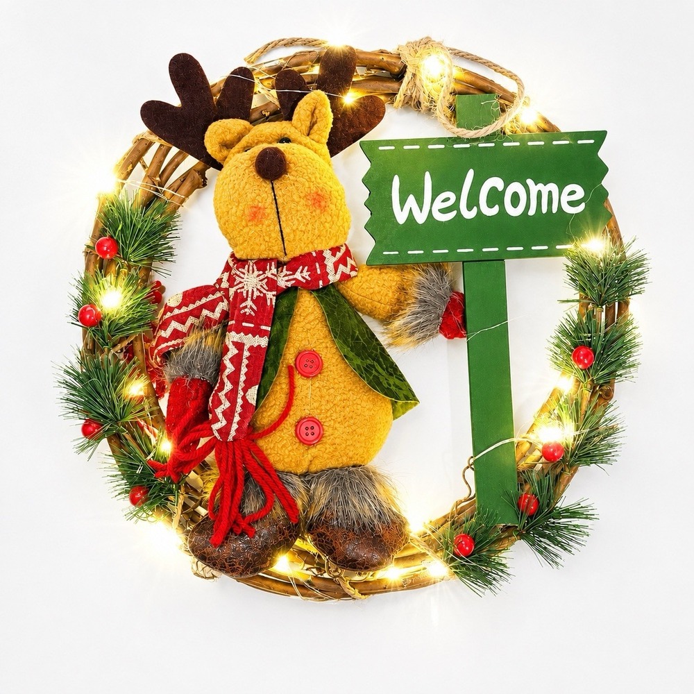 Rustic Grapevine Christmas Wreath Plush Reindeer Welcome LED Lighted Door Decor